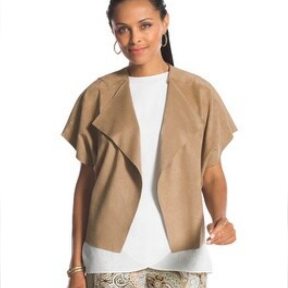 Chicos Faux Suede Leather Side Zip Poncho Open. Tan . Sz 1. Med (8).